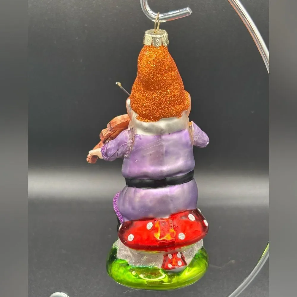 2 Glass Target Christmas Gnome Ornaments Playing Violin and Flute Musical Whimsy